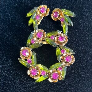 Floral Brooch and Earring Set with Pink and Green Stones